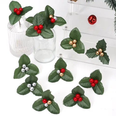 Artificial Christmas Berry Holly Leaf Sprigs Mini Decorative DIY Xmas Tree Ornaments For Gift Wrapping Party Home Decor