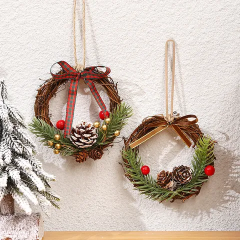 Christmas Vine Wreath Hanging Decoration Natural Rattan Wreath With Pine Cones Berries Bowknot For Home Christmas Tree Decor