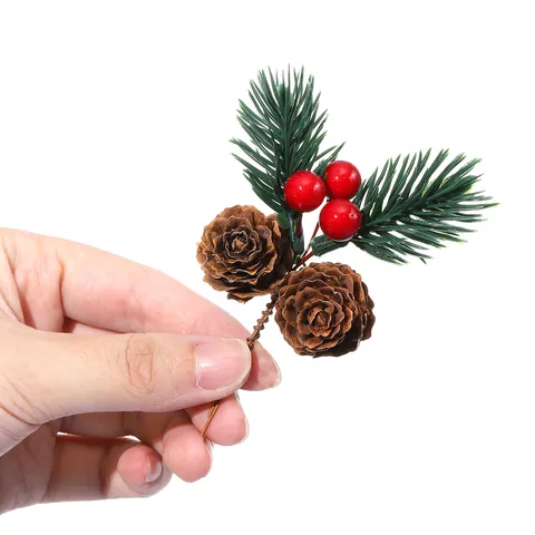 Artificial Christmas Pine Needles Red Berries Natural Pine Cones DIY Holiday Gift Box Decoration Festive Ornament Branch