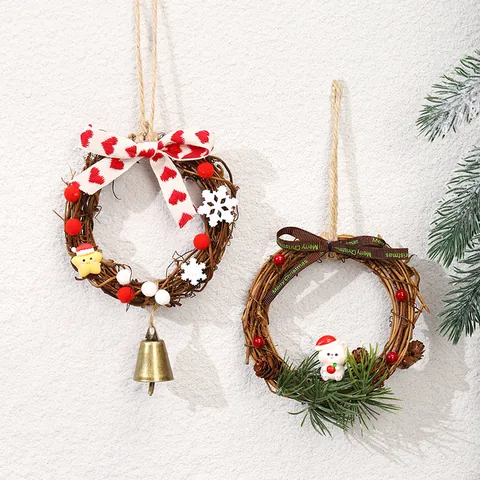 Christmas Vine Wreath Hanging Decoration Natural Rattan Wreath With Pine Cones Berries Bowknot For Home Christmas Tree Decor