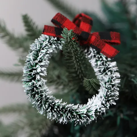 Mini Christmas Wreath Decoration Buffalo Plaid Ribbon Bow Artificial Flocked Pine Needle Cabinet Hanging Ornament For Home Party