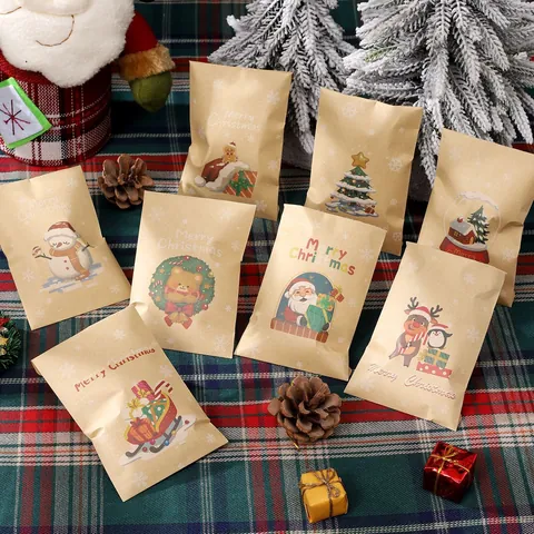 Weihnachten Kraftpapier Umschläge Geschenktüten Mit Aufkleber Merry Christmas Cartoon Weihnachtsmann Schneemann Muster Für Feiertag Geschenkverpackung
