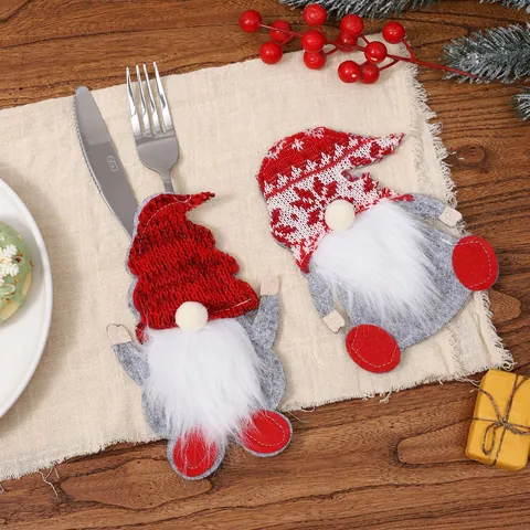 Juego Porta Cubiertos de Gnomo Navideño Bolsa para Cuchillo y Tenedor de Gnomo Sin Rostro Decoración de Mesa de Navidad de Punto