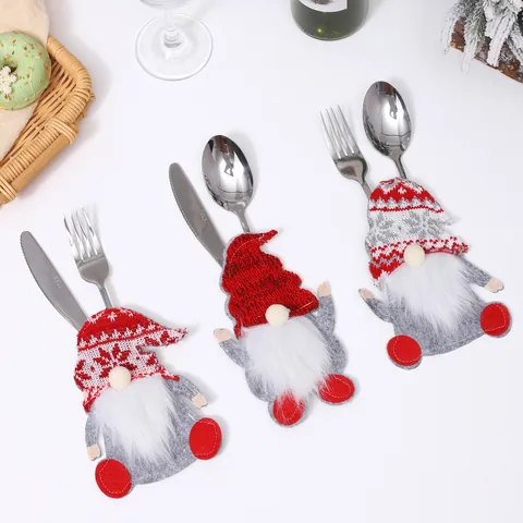 Juego Porta Cubiertos de Gnomo Navideño Bolsa para Cuchillo y Tenedor de Gnomo Sin Rostro Decoración de Mesa de Navidad de Punto