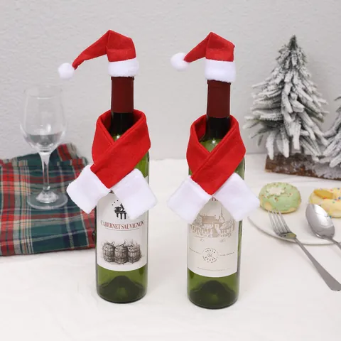Christmas Wine Bottle Decoration Set Red Non-woven Fabric Mini Santa Hat And Scarf For Xmas Dinner Table Home Party Decor