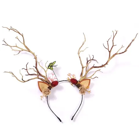 Diadema de Cuerno de Reno de Navidad Forest Mori Con Bayas Y Decoración de Mariposa Tocado de Asta Simulada para Fiesta Fotografía Mujer Joyería