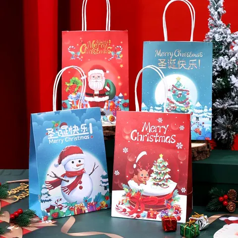 Cartoon Weihnachts Geschenktüte Weihnachtsmann Schneemann Rentier Muster Tragbare Papiertüte Für Heiligabend Geschenkverpackung Handtasche