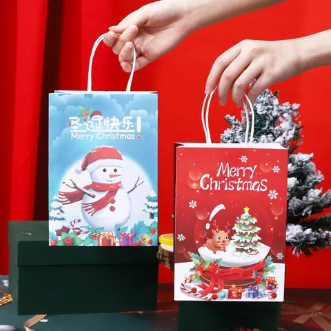 Cartoon Weihnachts Geschenktüte Weihnachtsmann Schneemann Rentier Muster Tragbare Papiertüte Für Heiligabend Geschenkverpackung Handtasche