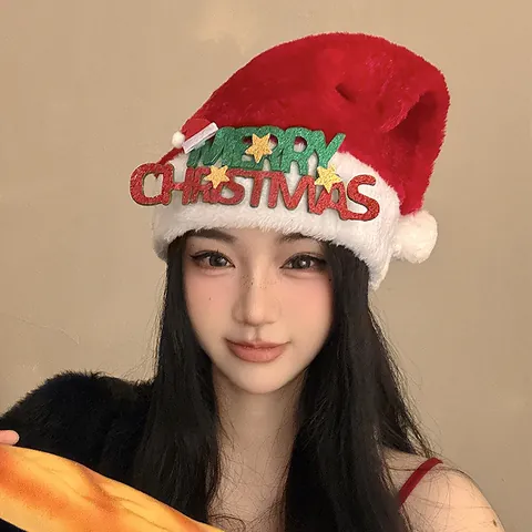 Plush Christmas Hat with Antlers Bow Sequins Red Velvet Festive Party Hat for Women Kids Christmas Gift Merry Christmas