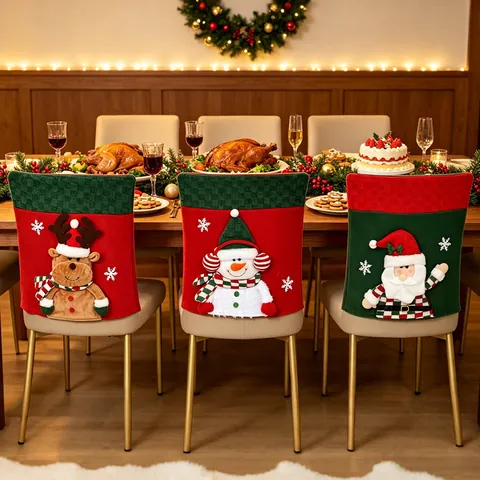 Christmas Chair Back Covers 3D Santa Snowman Reindeer Polyester Fabric Seat Protector For Dining Room Holiday Party Decor
