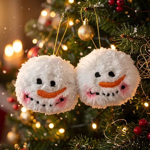 Ornement Suspendu Boule de Peluche Bonhomme de Neige de Noël Blanc Avec Cordon Doré Broderie Dessin Animé pour Décor de Sapin