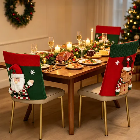 Christmas Chair Back Covers 3D Santa Snowman Reindeer Polyester Fabric Seat Protector For Dining Room Holiday Party Decor