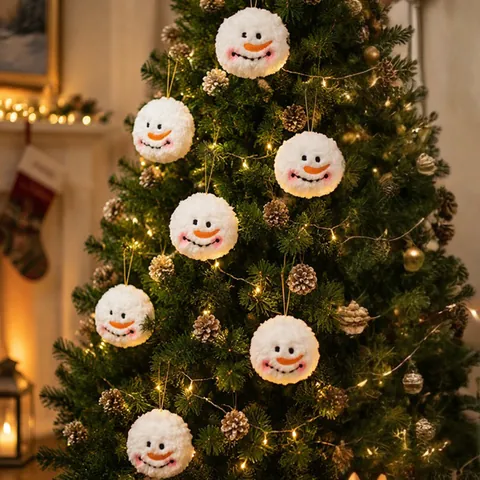 Ornement Suspendu Boule de Peluche Bonhomme de Neige de Noël Blanc Avec Cordon Doré Broderie Dessin Animé pour Décor de Sapin