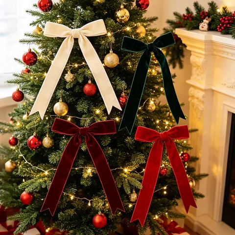 Christmas Tree Bow Ornaments Flocking Cloth Ribbon Bows For Wreath Garland Festive Party Decoration White Red Green Burgundy