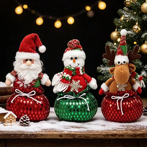 Adornos Creativos de Muñecos de Navidad Con Base de Bolsa de Regalo de Lentejuelas Retro Papá Noel Muñeco de Nieve Reno Juguete de Peluche Decoración del Hogar Festivo Regalo