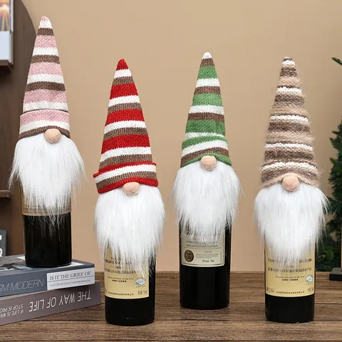 Christmas Gnome Wine Bottle Cover Knitted Striped Faceless Doll Table Decoration For Red Wine Champagne Holiday Party