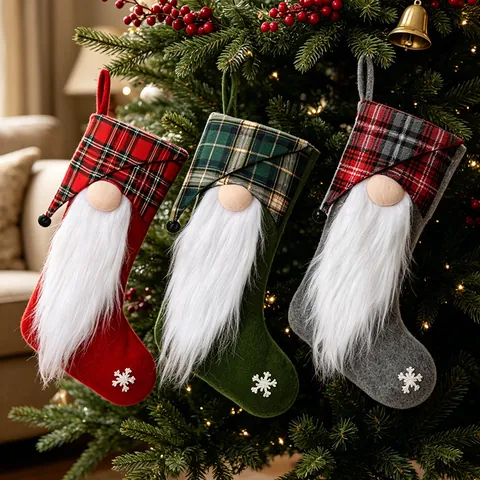 Calza di Natale Gnomo Rudolph Tessuto Scozzese Sacchetto Regalo Bambola Senza Volto Ornamento Sospeso Ricamo Fiocco di Neve Decorazioni Albero
