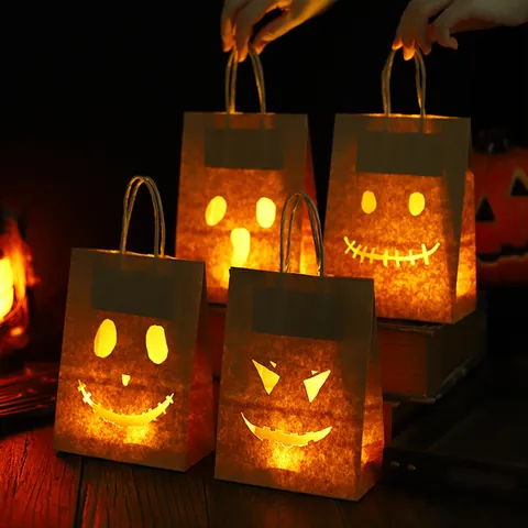 Halloween Leuchtende LED Kraftpapier Geschenktüten Ausgestochen Kürbis Geist Süßes Oder Saures Süßigkeiten Taschen Für Party Dekoration Kinder Geschenk