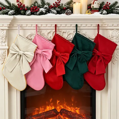 Calcetines de Navidad de Terciopelo Con Lazo Grande Adorno Colgante de Chimenea Bolsa de Regalo para Fiesta de Navidad Hogar