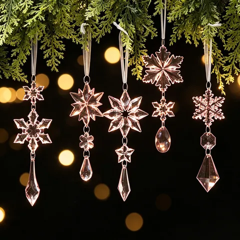 Acryl Kerst Sneeuwvlok Ijskegel Hangers Kristal Look Roze Transparante Hangende Decoraties Feestdag Huis Decor