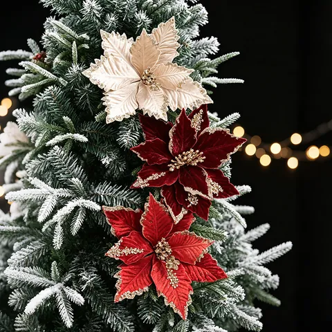 Artificial Christmas Poinsettia Flowers Glitter Red Gold Berry Stems Xmas Tree Ornaments European Style Floral Picks Decor