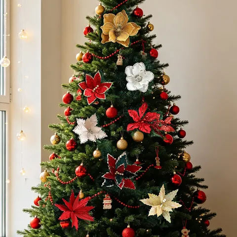 Artificial Christmas Poinsettia Flowers Glitter Red Gold Berry Stems Xmas Tree Ornaments European Style Floral Picks Decor