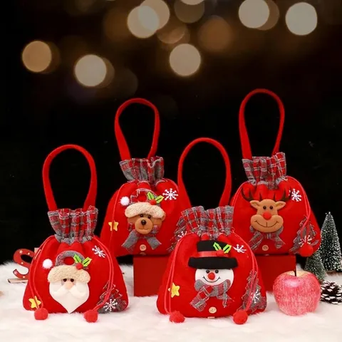 Christmas Gift Bag Santa Claus Snowman Reindeer Pattern Fabric Handbag With Handle For Xmas Party Holiday Candy Fruit Pouch
