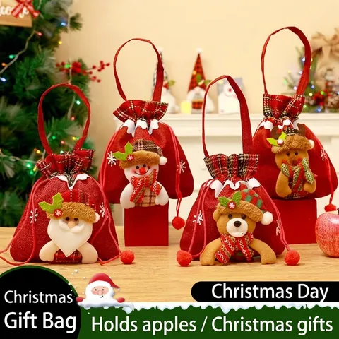 Christmas Gift Bag Santa Claus Snowman Reindeer Pattern Fabric Handbag With Handle For Xmas Party Holiday Candy Fruit Pouch