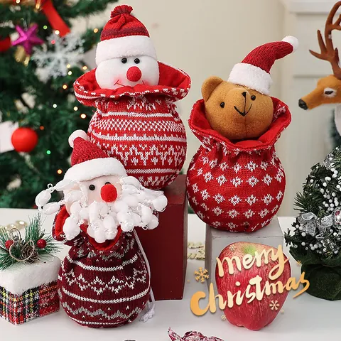 Creative Cartoon Knitted Christmas Gift Bags Santa Claus Snowman Reindeer Bear Drawstring Candy Bag Apple Gift Pouch For Xmas Party Favors Festive Decor