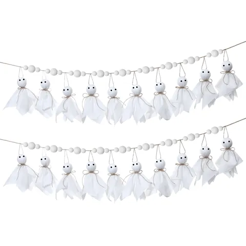 Halloween Ghost Banner White Fabric Ghost Garland Spooky Bunting With Pom Poms Hemp Rope Hanging Decorations For Spooky Party Decor