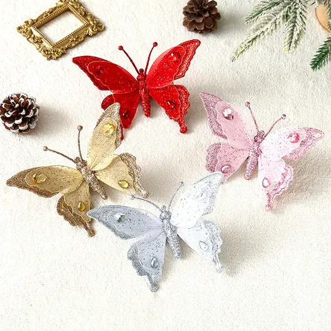 Künstliche Mesh Glitzer Schmetterling Weihnachtsbaumschmuck Mit Clips Glänzende Strass Xmas Hängende Dekorative Feiertag Deko