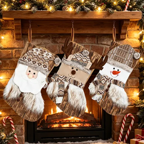 Braune Weihnachtssocke Weihnachtsmann Schneemann Rentier Muster Plüschmanschette Hängende Geschenktüte Für Weihnachtsbaum