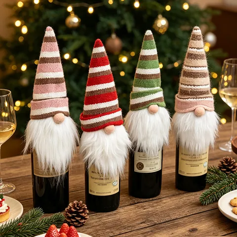 Christmas Gnome Wine Bottle Cover Knitted Striped Faceless Doll Table Decoration For Red Wine Champagne Holiday Party