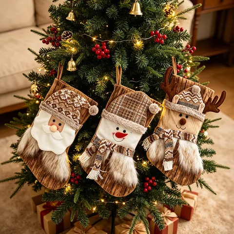 Braune Weihnachtssocke Weihnachtsmann Schneemann Rentier Muster Plüschmanschette Hängende Geschenktüte Für Weihnachtsbaum