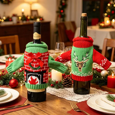 Weihnachten Strick Weinflaschenhülle Kreative Pullover Design Rentier Schneemann Glocke Muster Feiertag Tischdeko Party Zubehör