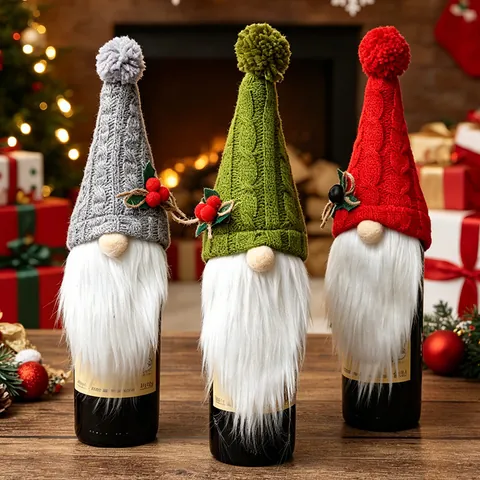 Housse de Bouteille de Vin en Tissu Tricoté de Noël Rudolf Gnome Avec Barbe en Fibre Artificielle pour Décoration de Table