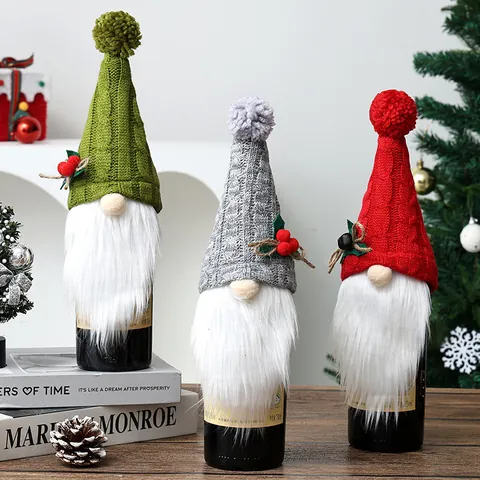 Housse de Bouteille de Vin en Tissu Tricoté de Noël Rudolf Gnome Avec Barbe en Fibre Artificielle pour Décoration de Table