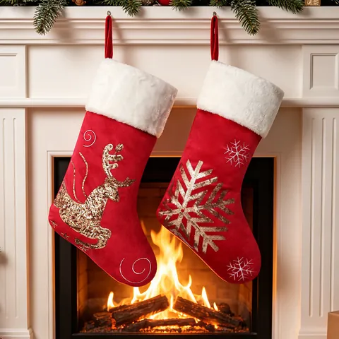 Christmas Stocking Velvet Red Gold Sequin Reindeer Snowflake Embroidery Xmas Stockings For Fireplace Decor Gift Bag Hanging