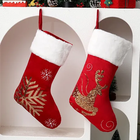 Christmas Stocking Velvet Red Gold Sequin Reindeer Snowflake Embroidery Xmas Stockings For Fireplace Decor Gift Bag Hanging