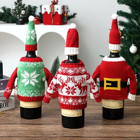 Weihnachten Weinflaschenhülle Gestrickter Pullover Hut Für Feiertag Party Esstisch Deko Rentier Schneeflocke Flaschendeko