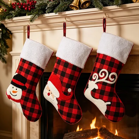 Calcetín de Navidad de Cuadros Rojos y Negros con Bordado de Chenilla Papá Noel Muñeco de Nieve Reno Bolsa de Regalo Adorno