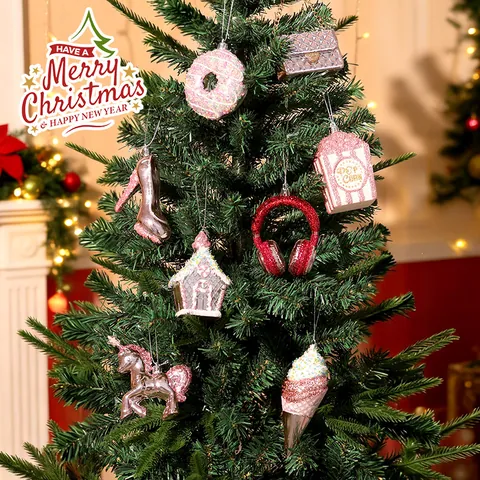 Electroplated Plastic Christmas Tree Ornaments Glitter Pink Gold Red Christmas Hanging Pendant For Party Home Holiday Decor