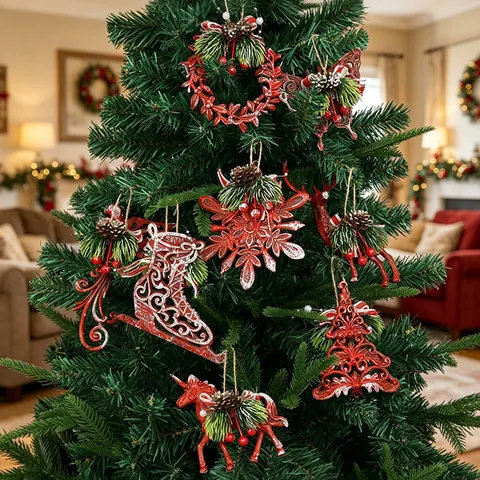Retro Red Christmas Tree Hanging Ornaments PS Plastic Reindeer Snowflake Butterfly Peacock Skates Unicorn Wreath Pendants