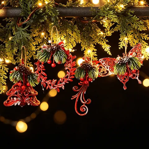 Retro Red Christmas Tree Hanging Ornaments PS Plastic Reindeer Snowflake Butterfly Peacock Skates Unicorn Wreath Pendants