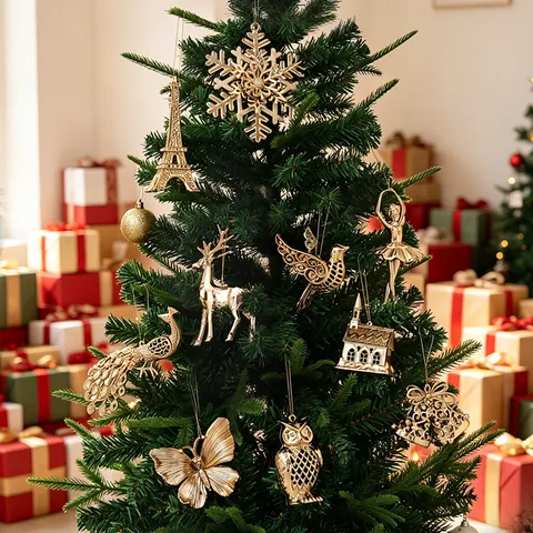 Electroplated Christmas Tree Hanging Ornaments Gold Red Plastic Reindeer Snowflake Butterfly Eiffel Tower Bell Pendant Festival Home Decor