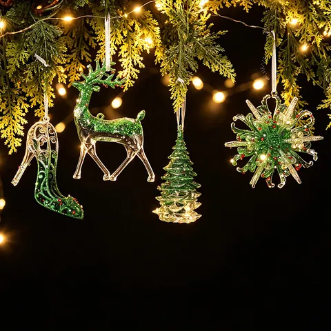 Green Semi-Transparent Glitter Christmas Tree Ornaments Snowflakes Reindeer Butterfly Hanging Decorations For Holiday Home Party Decor