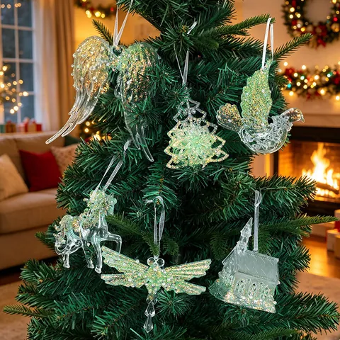 Green Semi-Transparent Glitter Christmas Tree Ornaments Snowflakes Reindeer Butterfly Hanging Decorations For Holiday Home Party Decor