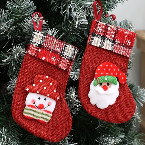 Christmas Burlap Stocking Small Candy Gift Bag Xmas Tree Hanging Ornament Santa Snowman Reindeer Rustic Holiday Party Decor