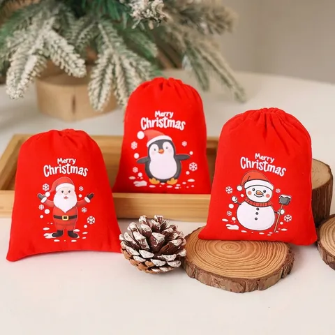 Rote Weihnachten Samt Kordelzug Geschenktüte Cartoon Druck Weihnachtsmann Schneemann Rentier Süßigkeiten Verpackung Beutel Für Feiertagsparty Dekor