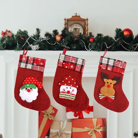 Christmas Burlap Stocking Small Candy Gift Bag Xmas Tree Hanging Ornament Santa Snowman Reindeer Rustic Holiday Party Decor